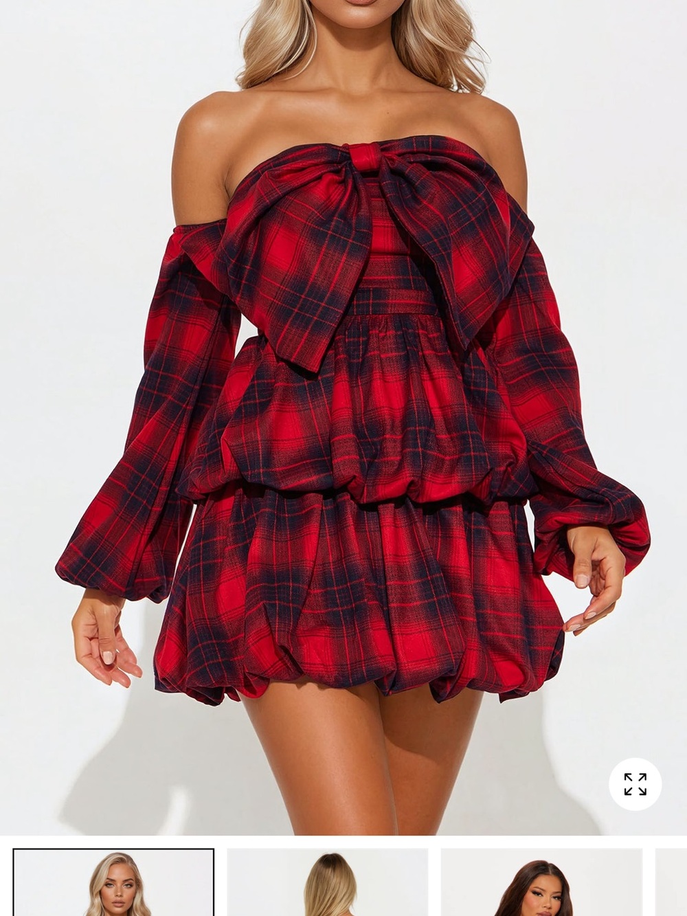 Fashion Nova Red Plaid Off-Shoulder Bubble Mini Dress